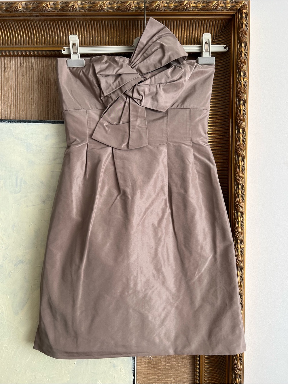 J. Crew 2 S 100% silk Strapless Bow-Front cocktail Dress Taupe brown dark beige